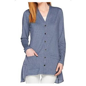 LOGO Lori Goldstein French Terry Snap Front Blue Cardigan Long Sleeves Size XS